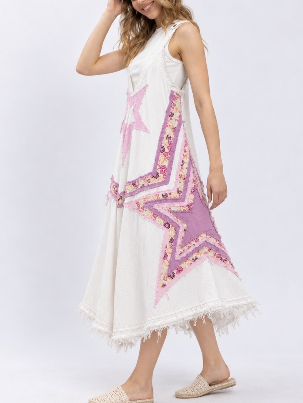 Boho Jumpsuit Cotton Overalls Wide Leg Star Patchwork Distressed Appliqué Medium